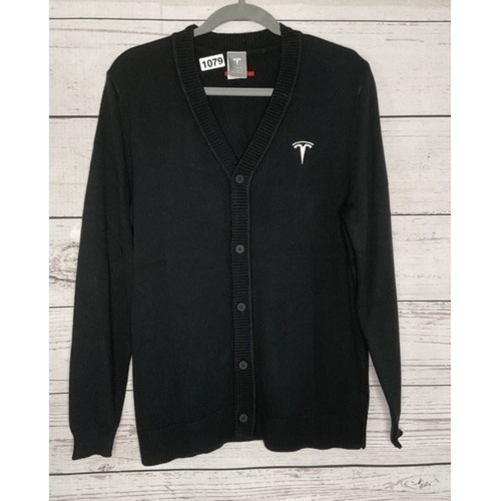 Tesla Black Embroidered V-Neck Button Front‎ Cardigan Men M China Cotton/Acrylic